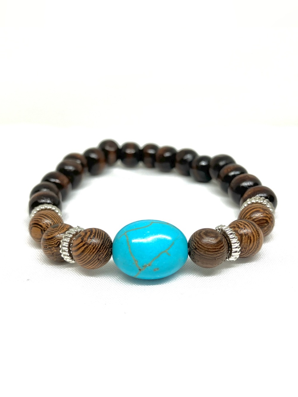 Wooden Beaded Stretch Bracelet - Dark & light Brown & turquoise, silver accents